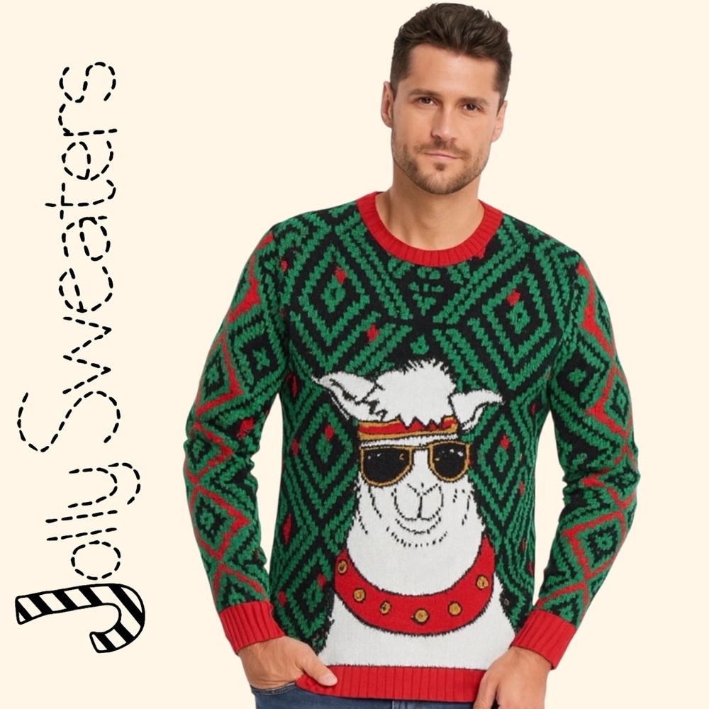 Jolly Sweaters Green Sunglasses Llama Knit Ugly Christmas Sweater Holiday Small